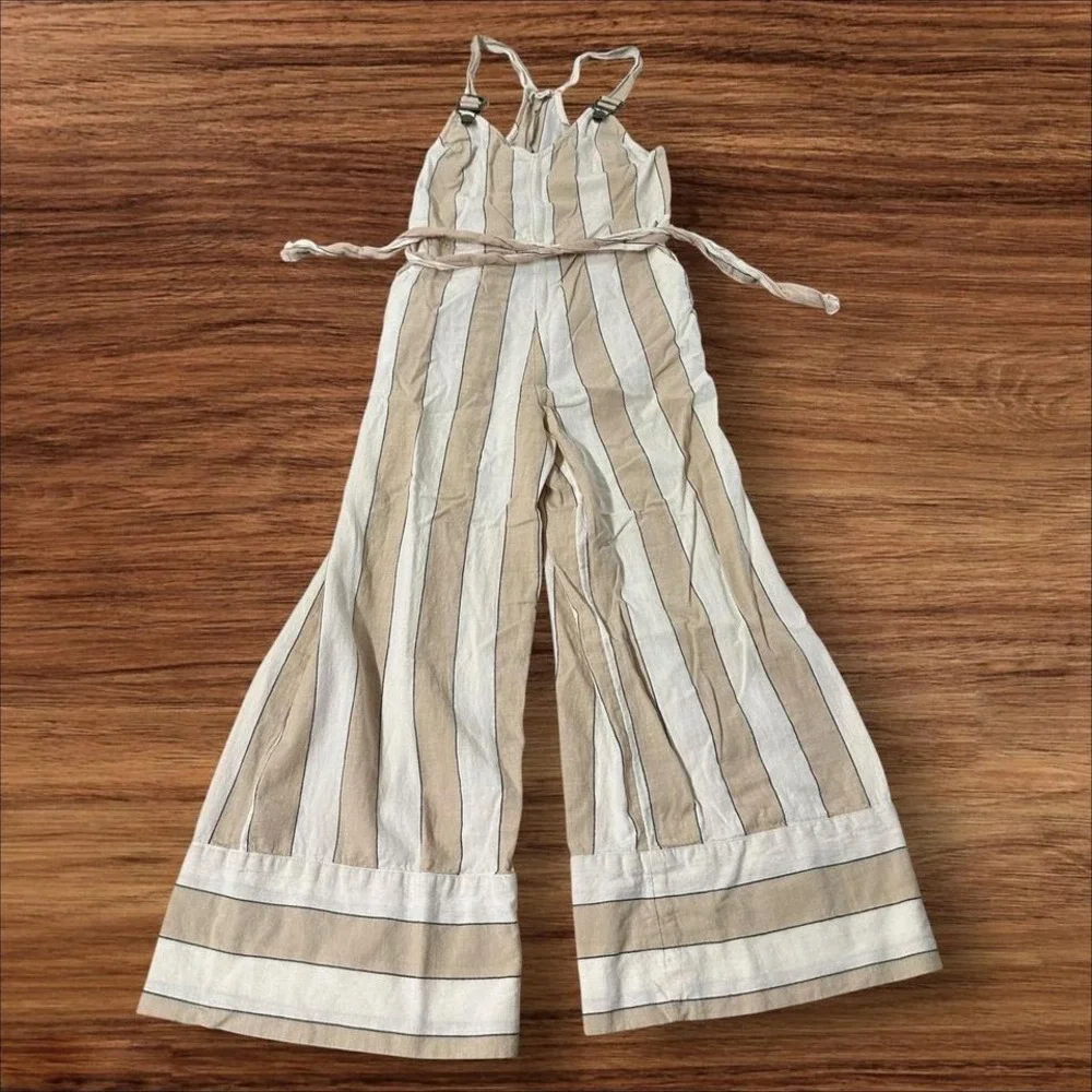 Billabong Striped Jumpsuit Wide Leg Crop Tan Cream V Neck Overalls Womens Small - Picture 4 of 8
